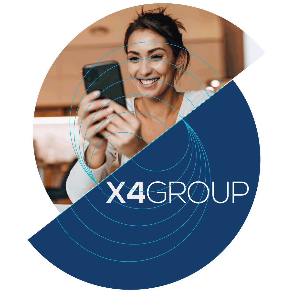 Woman looking at phone and X4 Group Logo